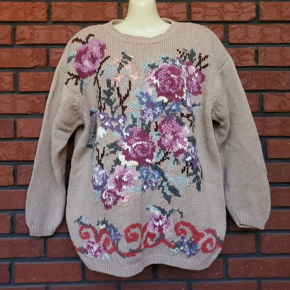 VTG Hand Knitted Sweater Womens 14/16 Floral Tan Pink Knit 90s Grandma Cottage